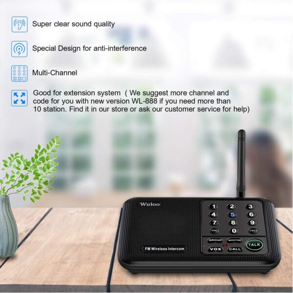 Wuloo Intercoms Wireless for Home 1 Mile (5280 Feet) Range 10 - Channel, Wireless Home Intercom System for House Business Office, Room to Room Intercom, Home Communication System (2 Packs, Black) - Image 3