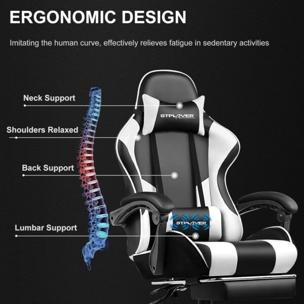 GTPLAYER Gaming Chair, Computer Chair with Footrest and Lumbar Support, Height Adjustable Game Chair with 360°-Swivel Seat and Headrest and for Office or Gaming (White) - Image 6