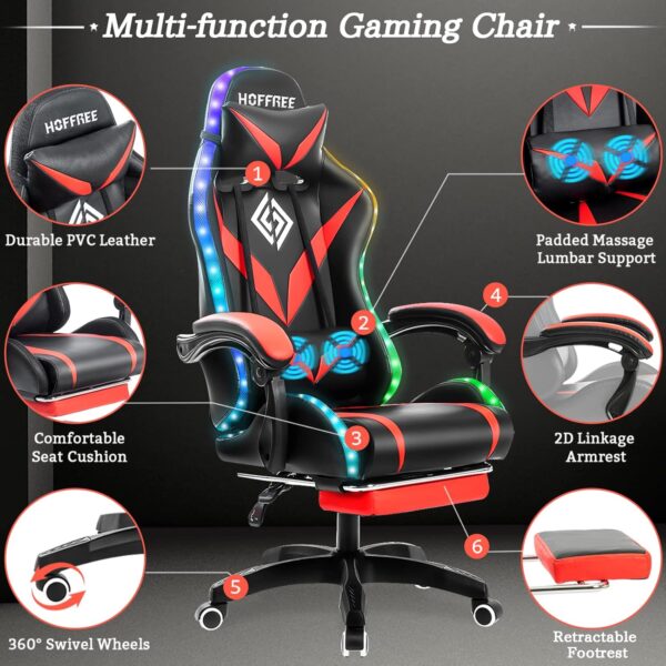 Gaming Chair with Massage and LED RGB Lights Ergonomic Computer Chair with Footrest High Back Video Game Chair with Adjustable Lumbar Support Linkage Armrest Red and Black - Image 6