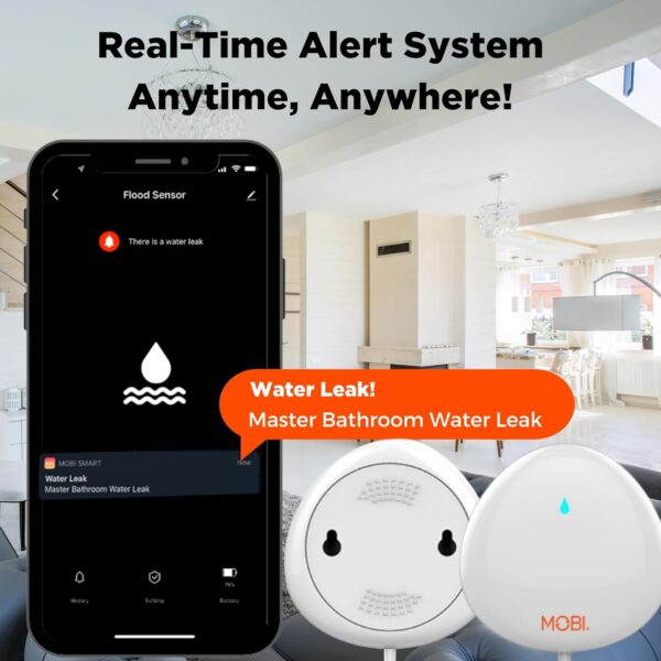 MOBI Smart Home 2.4GHz WiFi Water Leak Sensor, Water Sensor, Water Detector Alarm; Water Leak & Flood Detector, Smart Notification App, Expand with Cameras & Smart Home Devices. Battery INCLUDED - Image 7