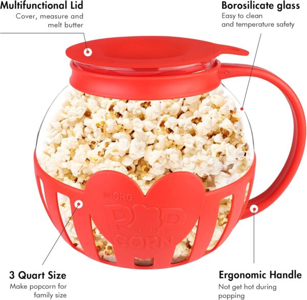 The Original Korcci 3 Quart Microwave Glass Popcorn Popper, Borosilicate Glass, Dishwasher Safe, 3-in-1 Silicone Lid, BPA Free, Family Size (Red) - Image 3