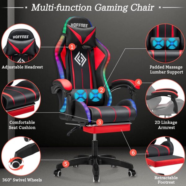 RGB Gaming Chair with Bluetooth Speakers and LED Lights Ergonomic Massage Computer Game Chair with Footrest High Back Music Video Game Chair with Lumbar Support Red and Black - Image 10