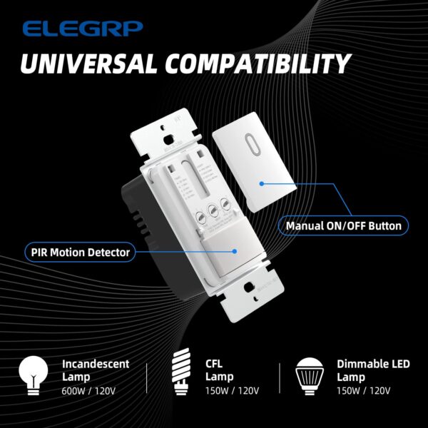 ELEGRP Single Pole Occupancy Motion Sensor Light Switch, PIR Infrared Motion Activated Switch, Need Grounding Wire, No Neutral Wire, for CFL/LED/Incandescent, with Plate, UL(2 Pack, Matte White) - Image 3