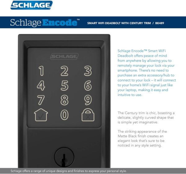 Schlage Encode Smart Wi-Fi Deadbolt with Century Trim in Matte Black - Image 3