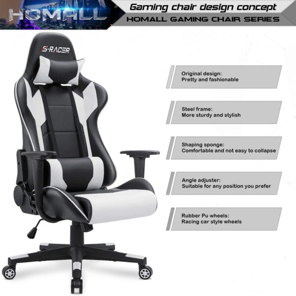 Homall Gaming Chair, Office Chair High Back Computer Chair Leather Desk Chair Racing Executive Ergonomic Adjustable Swivel Task Chair with Headrest and Lumbar Support (White) - Image 3