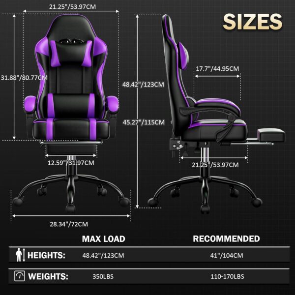 Gaming Chair, Computer Chair with Footrest and Lumbar Support, Ergonomic Video Game Chair with Headrest, Height Adjustable Gamer Chair Office Desk Chair, Purple - Image 3