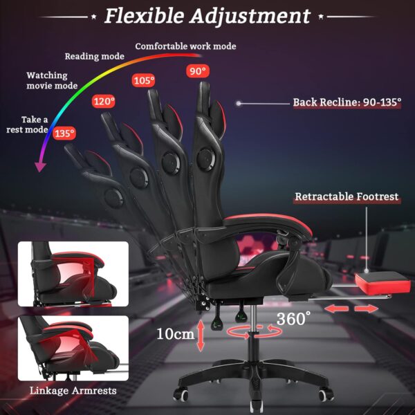 RGB Gaming Chair with Bluetooth Speakers and LED Lights Ergonomic Massage Computer Game Chair with Footrest High Back Music Video Game Chair with Lumbar Support Red and Black - Image 9