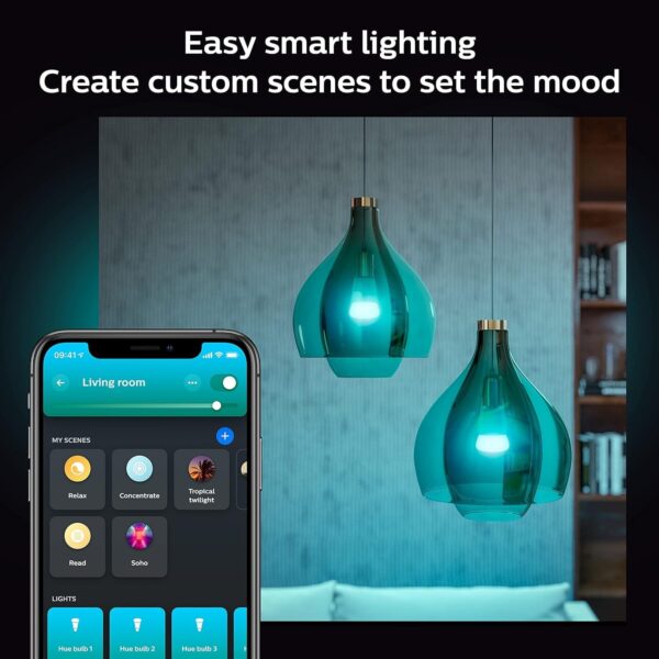 Philips Hue Smart Light Starter Kit - Includes (1) Bridge and (4) 75W A19 E26 LED Smart White and Color Ambiance Bulbs - Control with App - Compatible with Alexa, Google Assistant, and Apple HomeKit - Image 6