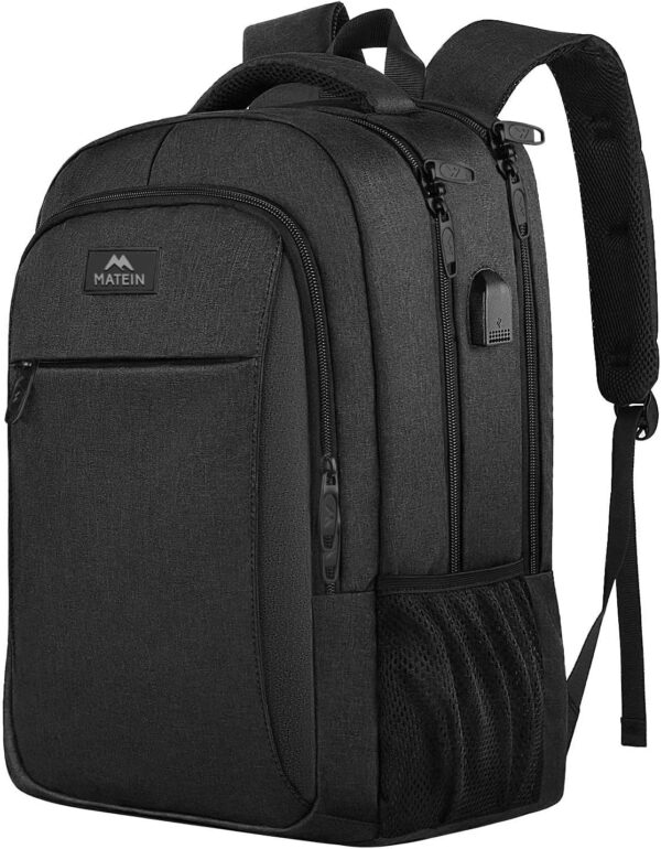 MATEIN Business Laptop Backpack, 15.6 Inch Travel Laptop Bag Rucksack with USB Charging Port, Water-Resistant Bag Daypack for Work College Computer Men Women Backpack, Black - Image 2