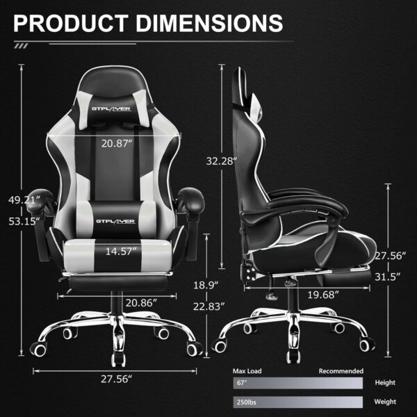 GTPLAYER Gaming Chair, Computer Chair with Footrest and Lumbar Support, Height Adjustable Game Chair with 360°-Swivel Seat and Headrest and for Office or Gaming (White) - Image 2