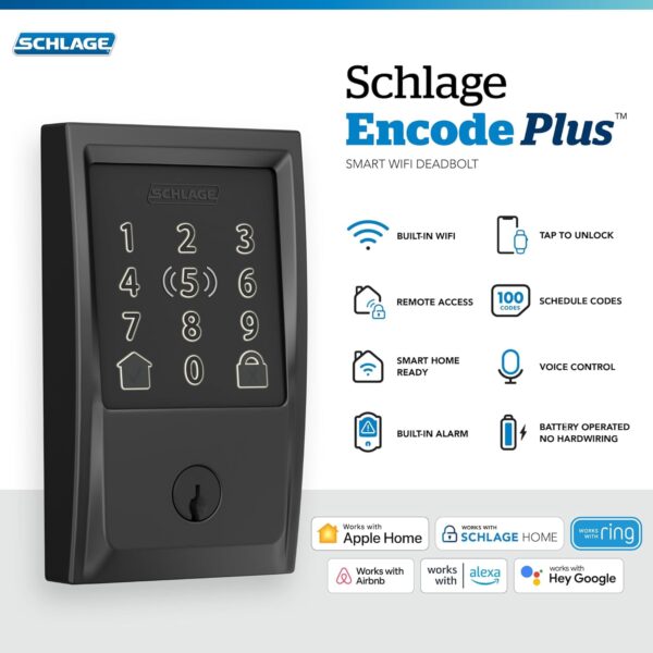 Schlage BE499WB CEN 622 Encode Plus WiFi Deadbolt Smart Lock with Apple Home Key, Keyless Entry Door Lock with Century Trim, Matte Black - Image 3