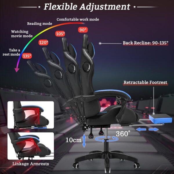 Gaming Chair with Bluetooth Speakers and RGB LED Lights Ergonomic Massage Computer Gaming Chair with Footrest Video Game Chair High Back with Lumbar Support Blue and Black - Image 9