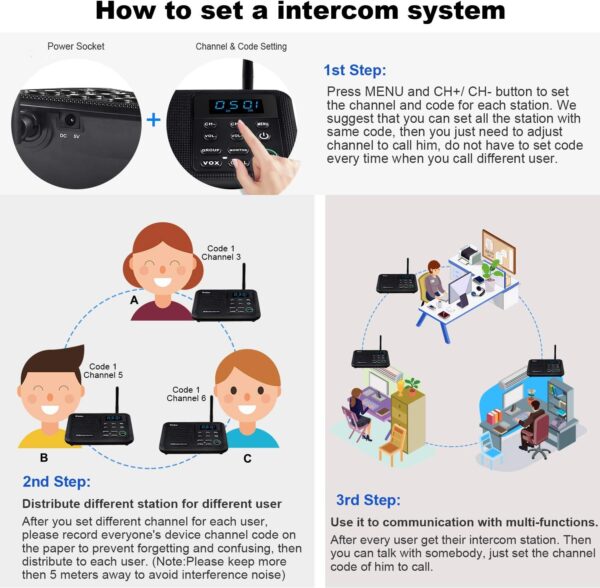 Wuloo Intercoms Wireless for Home 1 Mile Range 22 Channel 100 Digital Code Display Screen, Wireless Intercom System for Home House Business Office, Room to Room Intercom Communication(3Stations Black) - Image 7