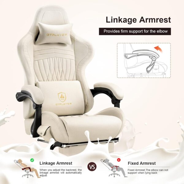 GTPLAYER Gaming Chair, Computer Chair with Footrest and Bluetooth Speakers, High Back Ergonomic Gaming Chair, Reclining Gaming Chair with Linkage Armrests for Adults by GTRacing (Leather, Ivory) - Image 6