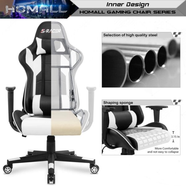 Homall Gaming Chair, Office Chair High Back Computer Chair Leather Desk Chair Racing Executive Ergonomic Adjustable Swivel Task Chair with Headrest and Lumbar Support (White) - Image 5