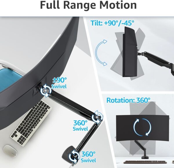 MOUNTUP Ultrawide Single Monitor Arm for Max 35 Inch Screen, Heavy Duty Monitor Desk Mount Support 6.6-30.9lbs, Gas Spring Computer Monitor Stand for Desk, VESA Monitor Mount with Clamp & Grommet Base - Image 5