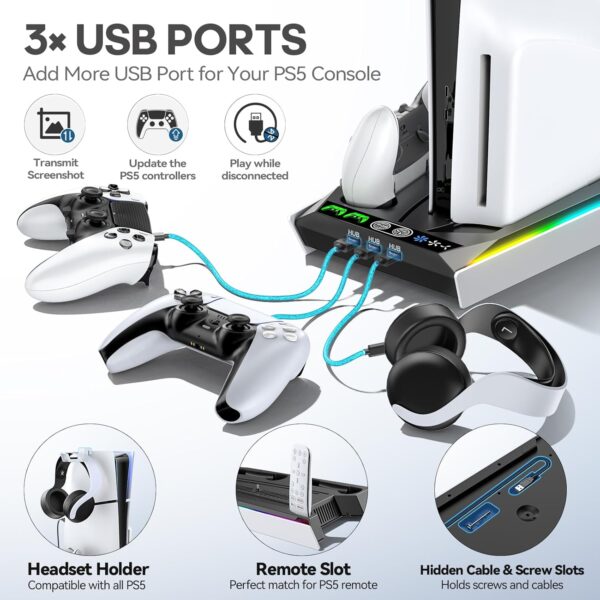 PS5/ PS5 Slim Stand for Disc & Digital Console, PS5 Cooling & Charging Station with 3-Level Fan & RGB LED, PS5 Controller Charger for PS5 & Edge Controller, PS5/Slim Accessories with 3 Charging Ports - Image 7