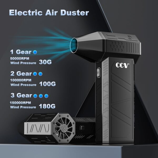 CCV Compressed Air Duster - 150000RPM Electric Air Duster for Cleaning Keyboard&PC 3 Gears Adjustable Rechargeable Cordless Jet Dry Blower Air Blower for Car and Home (BLACK) - Image 7