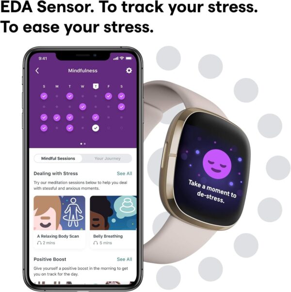 Fitbit Sense Advanced Smartwatch with Tools for Heart Health, Stress Management & Skin Temperature Trends, White/Gold, One Size (S & L Bands Included) - Image 4