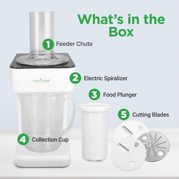 Nutrichef Electric Food Chopper | Zoodle Maker | 3-in-1 Vegetable Processor, Fruit Cutter, Spiral Shredder Machine, Veggie Spaghetti & Noodle maker | Includes Food Plunger & 1.2L Bowl - Image 9