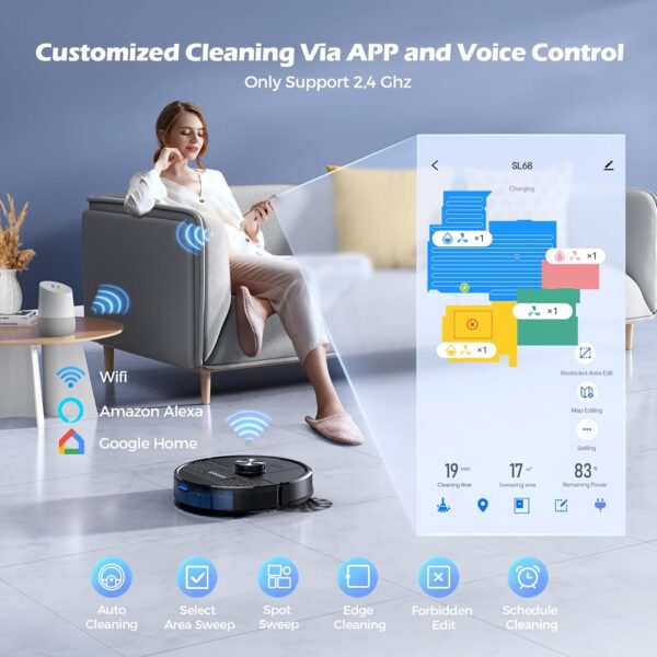 Lubluelu SL68 Robot Vacuum 4500Pa,3 in 1 Robot Vacuum and Mop Combo,LiDAR Navigation,5 Maps,24 No-Go Zones, WiFi/App/Alexa,Self-Charging,Anti-Siphon,Vacuum Robot for Pet Hair,Carpet,Hard Floor - Image 6