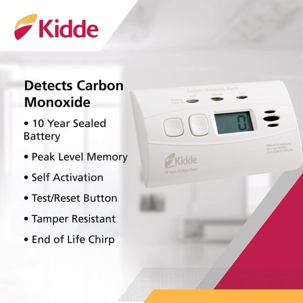 Kidde Carbon Monoxide Detector with 10-Year Battery, Digital Display, 3 LEDs, Replacement Indicator, Peak Level Memory - Image 3