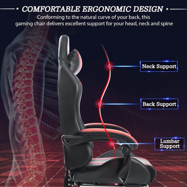 Gaming Chair with Massage and LED RGB Lights Ergonomic Computer Chair with Footrest High Back Video Game Chair with Adjustable Lumbar Support Linkage Armrest Red and Black - Image 5