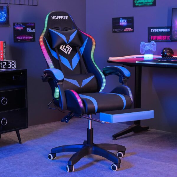 Gaming Chair with Bluetooth Speakers and RGB LED Lights Ergonomic Massage Computer Gaming Chair with Footrest Video Game Chair High Back with Lumbar Support Blue and Black - Image 2