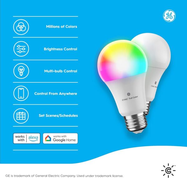 GE CYNC A19 Smart LED Light Bulbs, Color Changing Room Décor, Bluetooth and WiFi Light Bulbs, 60W Equivalent, Work with Amazon Alexa and Google Home (2 Pack) - Image 3