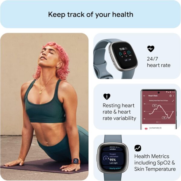 Fitbit Versa 4 Fitness Smartwatch with Daily Readiness, GPS, 24/7 Heart Rate, 40+ Exercise Modes, Sleep Tracking and more, Waterfall Blue/Platinum, One Size (S & L Bands Included) - Image 5