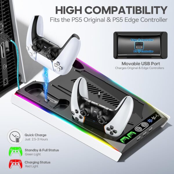 PS5/ PS5 Slim Stand for Disc & Digital Console, PS5 Cooling & Charging Station with 3-Level Fan & RGB LED, PS5 Controller Charger for PS5 & Edge Controller, PS5/Slim Accessories with 3 Charging Ports - Image 5