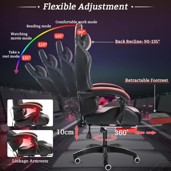 Gaming Chair with Massage and LED RGB Lights Ergonomic Computer Chair with Footrest High Back Video Game Chair with Adjustable Lumbar Support Linkage Armrest Red and Black - Image 7