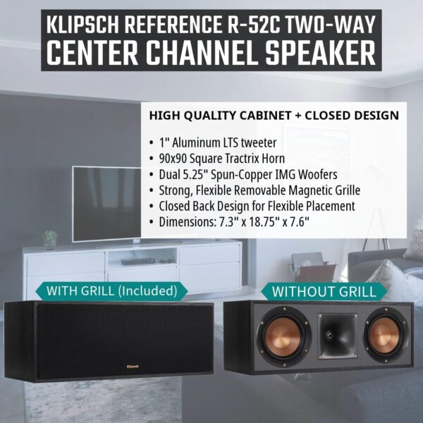 Klipsch Reference 5.2 Home Theater System - Bundle w/ 2X R-26FA Floorstanding Speaker, R-25C Center Speaker, 2X R-41M Bookshelf Speaker, R-12SW Subwoofer - Image 4