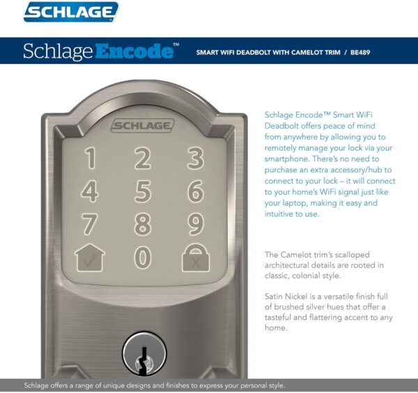 Schlage Encode Smart Wi-Fi Deadbolt with Camelot Trim in Satin Nickel - Image 3