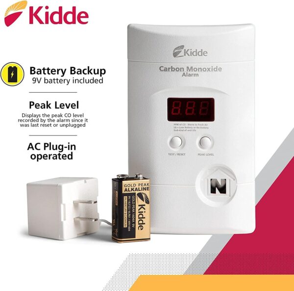 Kidde Carbon Monoxide Detector, Plug In Wall with 9-Volt Battery Backup, Digital LED Display - Image 3