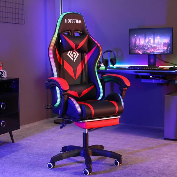 Gaming Chair with Massage and LED RGB Lights Ergonomic Computer Chair with Footrest High Back Video Game Chair with Adjustable Lumbar Support Linkage Armrest Red and Black - Image 9