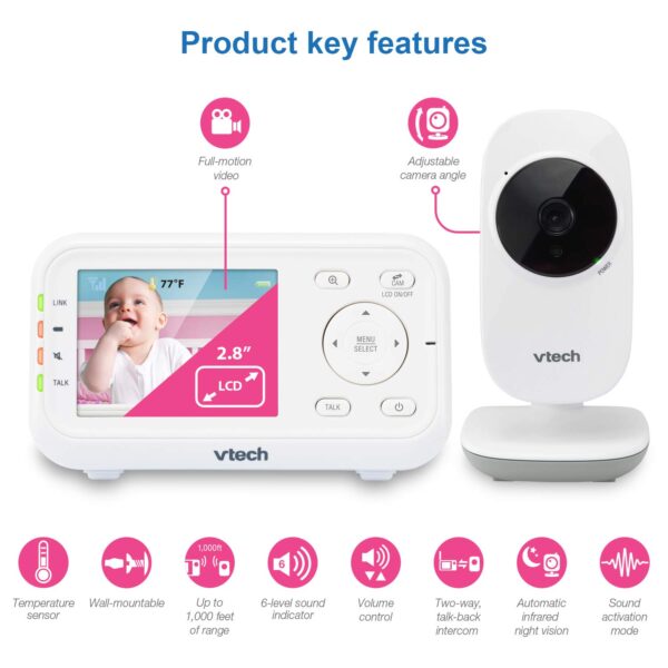 VTech Video Baby Monitor with 1000ft Long Range, Auto Night Vision, 2.8” Screen, 2-Way Audio Talk, Temperature Sensor, Power Saving Mode, Lullabies and Wall-mountable Camera with bracket, White - Image 3