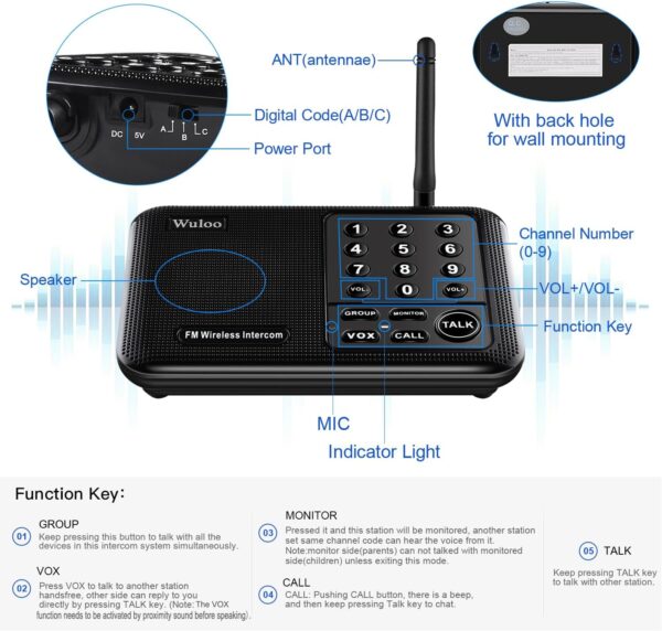 Wuloo Intercoms Wireless for Home 1 Mile (5280 Feet) Range 10 - Channel, Wireless Home Intercom System for House Business Office, Room to Room Intercom, Home Communication System (2 Packs, Black) - Image 6