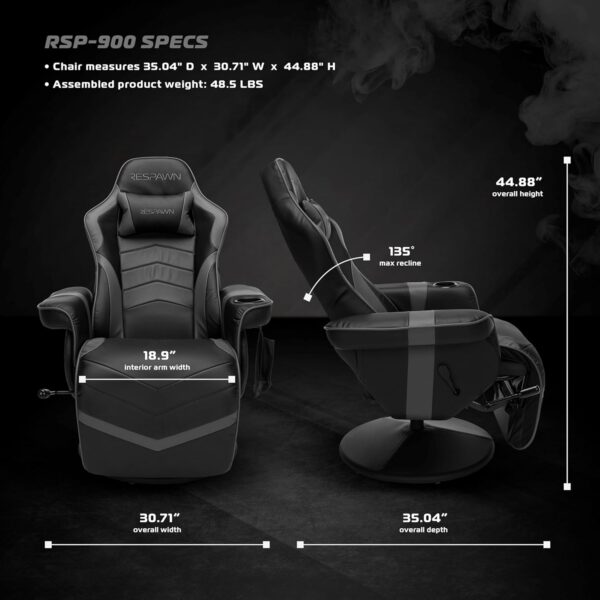 RESPAWN 900 Gaming Recliner - Video Games Console Recliner Chair, Computer Recliner, Adjustable Leg Rest and Recline, Recliner with Cupholder, Reclining Gaming Chair with Footrest - Gray - Image 3