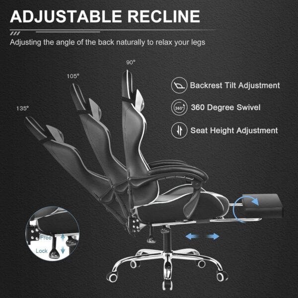 GTPLAYER Gaming Chair, Computer Chair with Footrest and Lumbar Support, Height Adjustable Game Chair with 360°-Swivel Seat and Headrest and for Office or Gaming (White) - Image 5