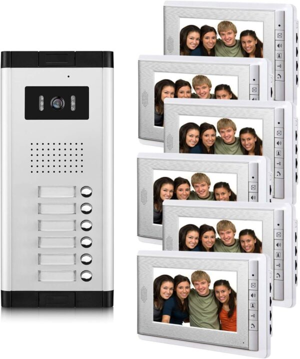 6 Units Apartment Video Intercom System, 7 inch Monitor Wired Video Door Phone Kit, Indoor Outdoor Video Doorbell, ID Keyfobs Unlock, 2 way Audio, 6-Screen for Home Apartment - Image 2