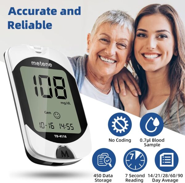 Metene TD-4116 Blood Glucose Monitor Kit, 100 Glucometer Strips, 100 Lancets, 1 Blood Sugar Monitor, Blood Sugar Test Kit with Control Solution, Lancing Device, No Coding, Large Display - Image 4