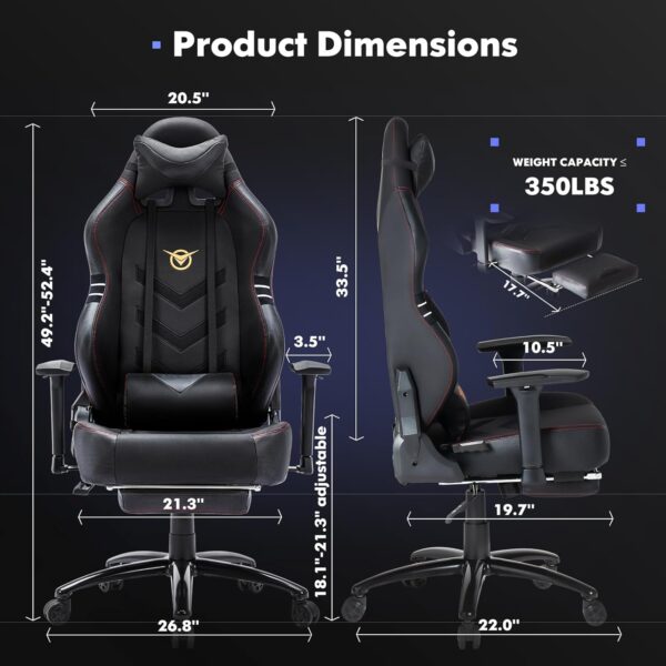 Big and Tall Gaming Chair with Footrest 350lbs-Racing Computer Gamer Chair, Ergonomic High Back PC Chair with Wide Seat, Reclining Back, 3D Armrest for Adult-Black - Image 2