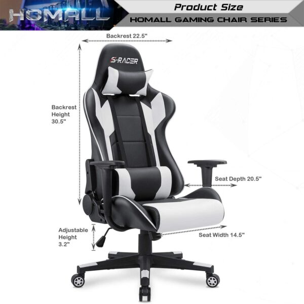 Homall Gaming Chair, Office Chair High Back Computer Chair Leather Desk Chair Racing Executive Ergonomic Adjustable Swivel Task Chair with Headrest and Lumbar Support (White) - Image 2