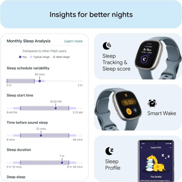 Fitbit Versa 4 Fitness Smartwatch with Daily Readiness, GPS, 24/7 Heart Rate, 40+ Exercise Modes, Sleep Tracking and more, Waterfall Blue/Platinum, One Size (S & L Bands Included) - Image 4