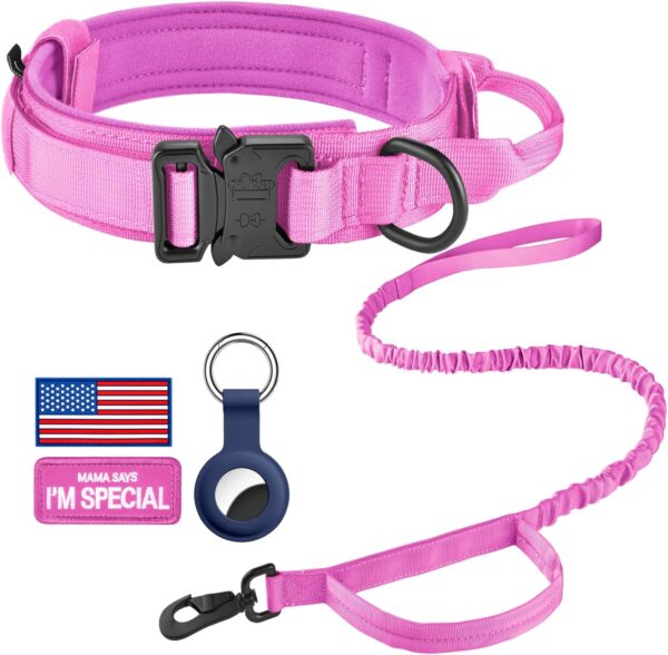 DAGANXI Tactical Dog Collar, Adjustable Military Training Nylon Dog Collar with Control Handle and Heavy Metal Buckle for Medium and Large Dogs, with Patches and Airtags Case (S, Pink-SET) - Image 2