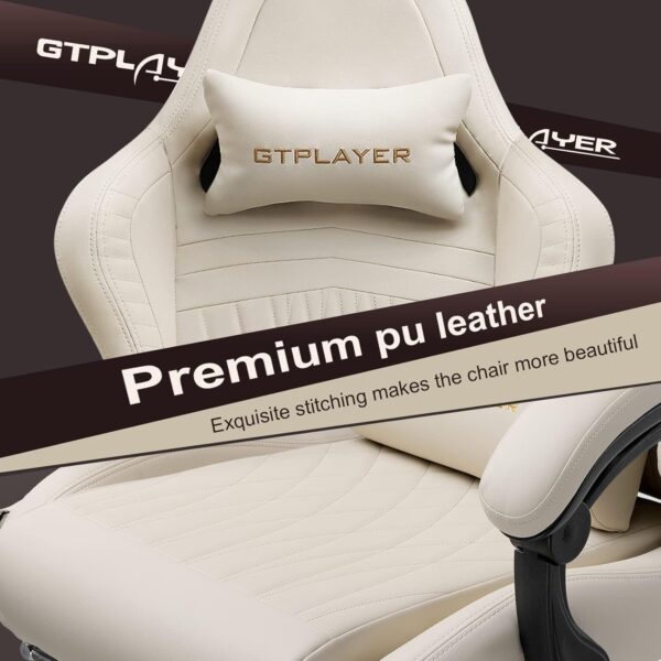 GTPLAYER Gaming Chair, Computer Chair with Footrest and Bluetooth Speakers, High Back Ergonomic Gaming Chair, Reclining Gaming Chair with Linkage Armrests for Adults by GTRacing (Leather, Ivory) - Image 8