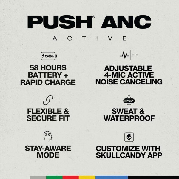 Skullcandy Push ANC Active in-Ear Wireless Earbuds, 58 Hr Battery, IP67 Waterproof, Wireless Charging, Microphone, Works with iPhone Android and Bluetooth Devices - True Black/Orange - Image 2