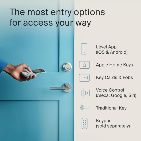 Level Lock+ Connect Wi-Fi Smart Lock plus Apple Home Keys - Remotely Control from Anywhere - includes Key Cards - Works with iOS, Android, Apple HomeKit, Amazon Alexa, Google Home (Satin Nickel) - Image 7