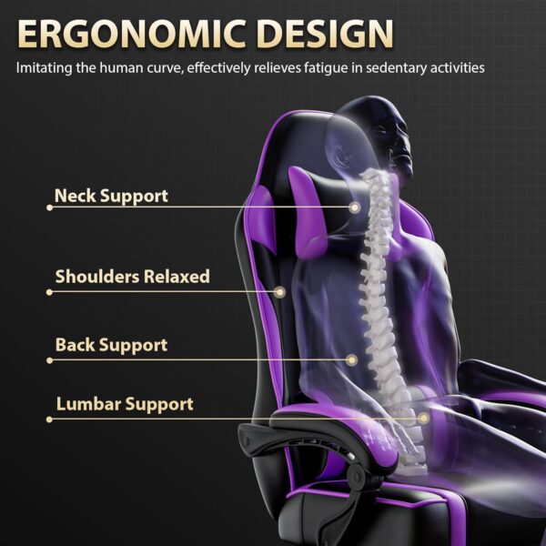 Gaming Chair, Computer Chair with Footrest and Lumbar Support, Ergonomic Video Game Chair with Headrest, Height Adjustable Gamer Chair Office Desk Chair, Purple - Image 6